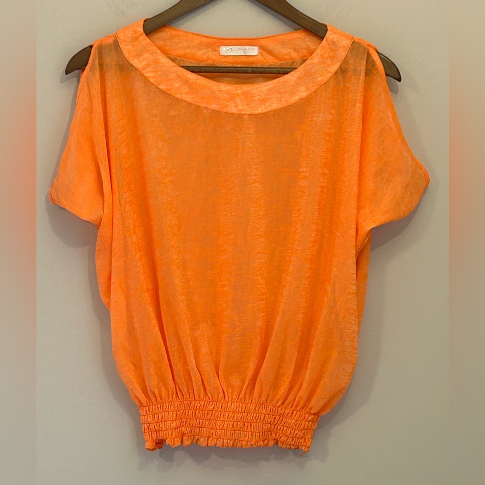 QB Fashion Sheer Orange Ruched Waist Top | Size M | Lightweight Summer Blouse